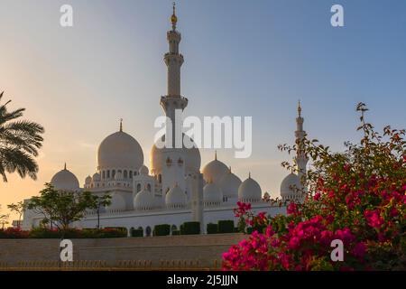 ABU DHABI, VAE - 18. April 2022: Große Moschee des Scheich Zayed in der Abenddämmerung Stockfoto