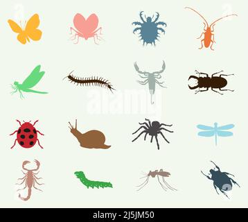 Bunte verschiedene Insekten und Bugs Vektor-Icon-Set Stock Vektor