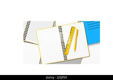 Komposition mit einem Haufen Notizbücher und einem Stapelnotizblock auf dem Tisch. Stapel von Büchern mit Lineal und Stift. Papier auflegen. Arbeitsplatz. Business Brainstormin Stock Vektor