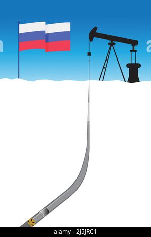 Ölderrick auf Schnee im Winter der russischen Energiegewinnung und -Produktion mit russischer Flagge. Vektor- und Illustrationsdesign. Stock Vektor