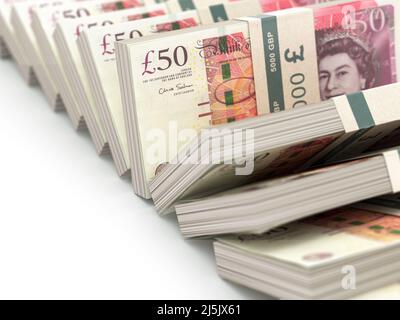 Englische britische Pfund sterlig Banknoten packen in einer Reihe. 3D Abbildung Stockfoto