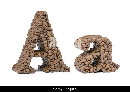 Buchstabe A aus Kaffeebohne, isoiliert auf Weiß. Schriftart „Coffee Alphabet“. 3D Abbildung Stockfoto