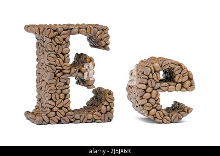 Buchstabe E von der Kaffeebohne, isoiliert auf Weiß. Schriftart „Coffee Alphabet“. 3D Abbildung Stockfoto