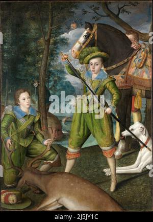 Henry Frederick (1594-1612), Prinz von Wales, mit Sir John Harington (1592-1614), im Jagdgebiet. Robert Peake der Ältere. 1603. Stockfoto