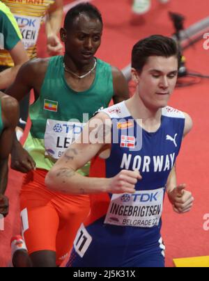 Jakob INGEBRIGTSEN aus Norwegen und Teddese LEMI aus Äthiopien Finale 1500 M Männer während der Hallenweltmeisterschaften 2022 am 20. März 2022 in der stark Arena in Belgrad, Serbien - Foto Laurent Lairys / Stockfoto