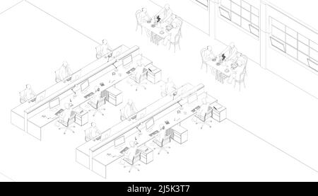 Umriss eines Büros mit arbeitenden Menschen an Computern aus schwarzen, auf weißem Hintergrund isolierten Linien. Isometrische Ansicht. Vektorgrafik. Stock Vektor