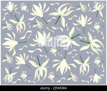 Schöne Blume, Illustration Hintergrund von weißen Michelia Alba oder weißen Champaca Blumen mit grünen Blättern. Stockfoto