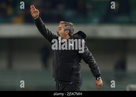 Verona, Italien. 23. April 2022. Marco Giampaolo (UC Sampdoria) Gesten während Hellas Verona vs UC Sampdoria, italienische Fußballserie A Spiel in Verona, Italien, April 23 2022 Quelle: Independent Photo Agency/Alamy Live News Stockfoto