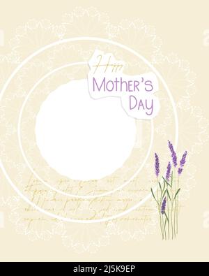 Happy Mothers Day Collage gelbe Postkarte Vintage-Stil, Lavendel und Spitze Deckchen, Scrapbooking, für Glückwünsche, Platz zum Einfügen. Vektorgrafik Stock Vektor