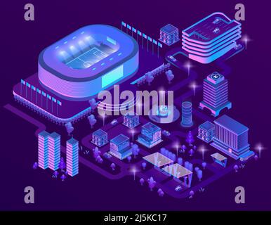 Vektor 3D isometrische Megapolis mit Stadion. Sportarena in der Stadt in violetten Farben. Sammlung von Wolkenkratzern, Gebäuden mit ultraviolettem Licht. Stre Stock Vektor