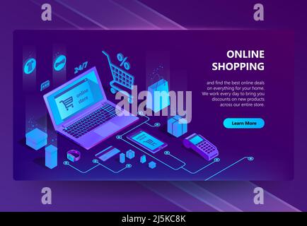 Vektor 3D isometrische Vorlage von E-Commerce-Website, Online-Shop-Seite mit Buton. Einkaufsservice, Bezahlung per Smartphone oder Laptop und Lieferung. Illustre Stock Vektor