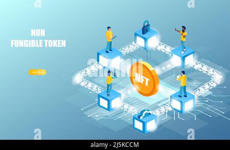 Vektor von Menschen, die NFT-nicht-fungible Tokens erstellen und verkaufen Stock Vektor