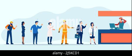 Vektor einer langen Schlange von wütenden Menschen verschiedener Berufe, die im Supermarkt stehen Stock Vektor