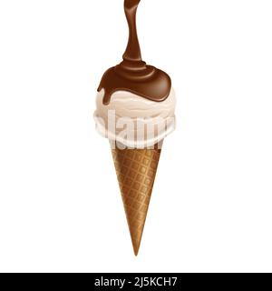 Vector 3D realistisches Vanilleeis glasiert mit Schokolade in Waffelkegel isoliert auf weißem Hintergrund. Süßes, gefrorenes Dessert im Sommer mit Eisbecher-Geschmack Stock Vektor