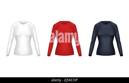 Vector realistische Set von weißen Hemden mit langen Ärmeln, weibliche Freizeitkleidung, warme Sweatshirts auf der Oberseite des Körpers zu tragen, isoliert auf weißem Hintergrund. Stock Vektor