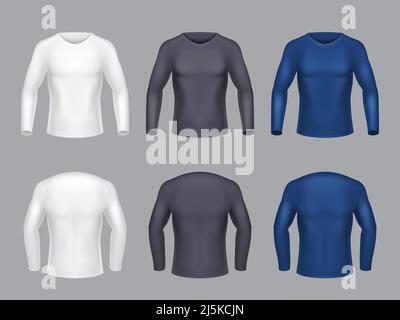 Vector realistische Set von weißen Hemden mit langen Ärmeln für Männer, männliche Freizeitkleidung, Sweatshirts für Sport-Trainings, isoliert auf grauem Hintergrund. Mo Stock Vektor