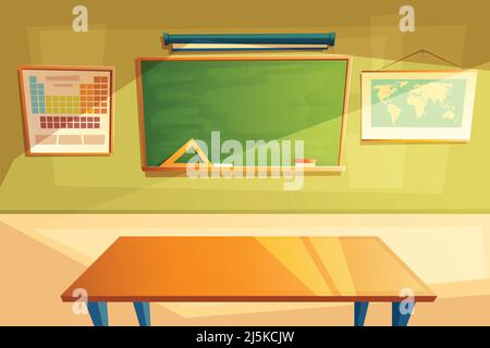 Vector Schule Klassenzimmer Innenraum. Universität, Bildungskonzept, Tafel und Tisch. College Möbel für Studenten, Schüler. Übungsplatz illust Stock Vektor