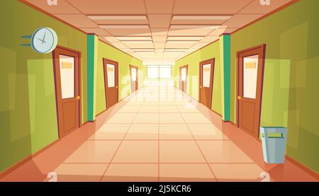 Vector Cartoon Schule Flur mit Fenster und viele Türen. College-Korridor mit Mülleimer und keine Menschen. Inneneinrichtung der Universität, Bildungskonzept. Stock Vektor