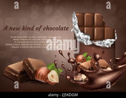 Vector 3D realistische Schokolade mit Haselnuss Werbeplakat, Banner mit flüssigen Spritztropfen. Braune leckere Bars im Paket. Kakao leckeres Produkt, lecker Stock Vektor