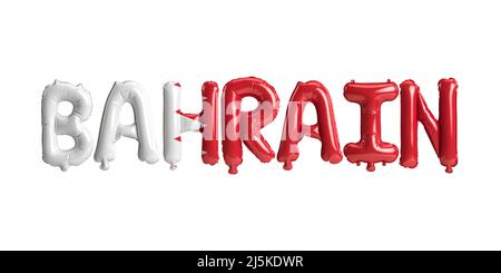 3D Illustration von Bahrain-Buchstabenballons mit farblich isolierten Flaggen auf Weiß Stockfoto