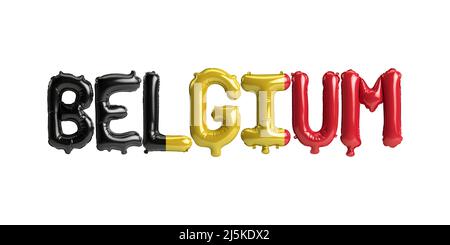 3D Illustration von Belgien-Buchstaben Ballons mit Fahnen Farbe isoliert auf weiß Stockfoto