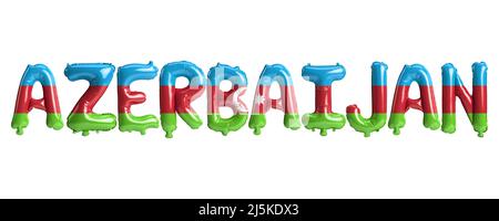 3D Illustration von Luftballons mit aserbaidschanischen Buchstaben und farbigen Flaggen auf weiß isoliert Stockfoto