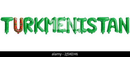 3D Illustration von Turkmenistan-Briefballons mit Fahnen in weiß isoliert Stockfoto