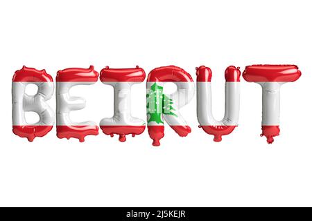 3D Illustration von Beiruts Hauptballons mit libanesischen Flaggen, isoliert auf Weiß Stockfoto