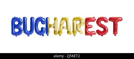 3D Illustration von Bukarest Hauptstadt Ballons mit Rumänien Flaggen Farbe isoliert auf weiß Stockfoto