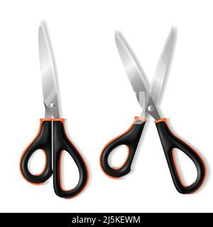 Vector 3D realistische Metallic Schere mit Gummigriff. Glänzender Stahl aus Klingen, Bürobedarf, scharfe Haushaltsgeräte für die Arbeit, Handwerk. Stock Vektor