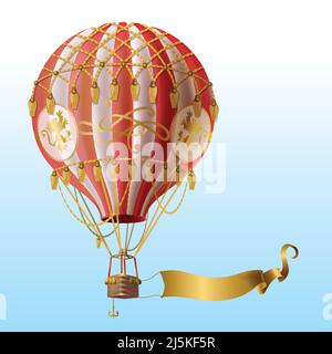 Vektor realistische Heißluftballon mit Vintage-Dekor, fliegen auf blauen Himmel mit leeren goldenen Band für die Nachricht. Aerostat mit Korb für königliche Reisen. Stock Vektor