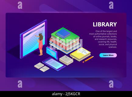 Online-Bibliothek Vektor-Illustration von Frau Bücher auf Smartphone oder Internet-Tablet lesen. Isometrisches Design für Fernschulungs- oder Studientechnik Stock Vektor