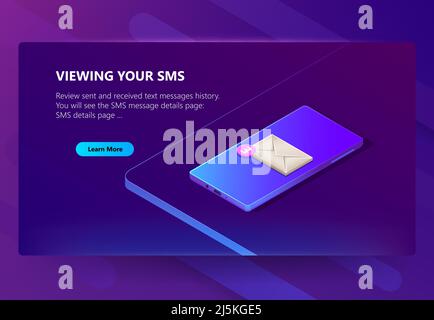 Vector 3D isometrische Vorlage der Website für Smartphone Nachrichten Geschichte. Online-SMS-Detailseite. Sozialer Dienst für Kommunikation, Messaging. Illustra Stock Vektor