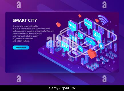 Smart City Vektor Illustration der Nutzer Internet-Kommunikation in der Stadt. Isometrische Häuser in drahtloser Verbindung für Online-Chat und Bitcoin-Kryptowährung Stock Vektor