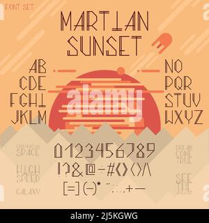 Vector dünne Linie Schriftart, lateinisches Alphabet, mit Großbuchstaben, Zahlen und Symbole isoliert auf dem Hintergrund mit roten Planeten und Hügeln gesetzt. Geometrischer Futur Stock Vektor