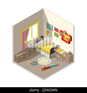 Vektor 3D isometrisches Kinderschlafzimmer Innenquerschnitt mit Möbeln, Spielzeug. Regale mit Büchern, Zug und Würfeln auf dem Boden. Raum mit Element Stock Vektor
