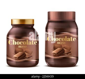 Vector 3D realistische Schokoladenpaste in Plastikgläsern mit Schatten. Natürliche Dessertbutter, cremig dunkel verteilt isoliert auf weißem Hintergrund. Süßes Produ Stock Vektor