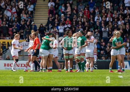 Leicester, Großbritannien. 24. April 2022. Die letzte Pfeife während des TikTok Womens Six Nations-Spiels zwischen England und Irland im Mattioli Woods Welford Road Stadium in Leicester, England. Marcelo Poletto/SPP Credit: SPP Sport Press Photo. /Alamy Live News Stockfoto