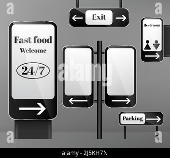 Vektor-Set von Straßenschildern auf Metallstangen, Richtungsschilder mit Pfeilen isoliert auf Hintergrund. Clipart mit Schildern und Hinweisen für Stadtnavig Stock Vektor