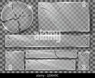 Vektor-Set von gebrochenen transparenten Glasplatten mit Rissen, zerbrochene Platten mit scharfen Fragmenten isoliert auf dem Hintergrund. Sammlung von gerissenen Rahmen Stock Vektor
