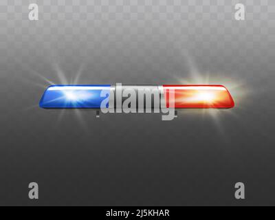 Vector 3D realistische rote und blaue Blinker für Polizeiauto. Signal des Krankenwagens oder anderer kommunaler Dienste. Sirene mit Licht, Alarmlampe. Transparent sein Stock Vektor