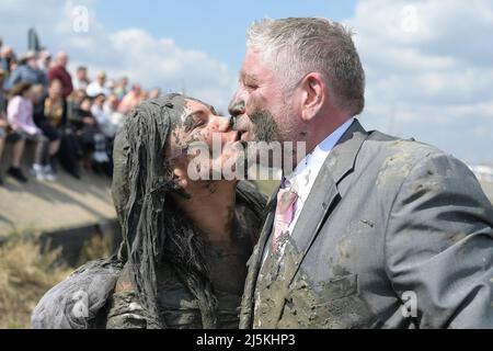 Maldon Essex UK, 24.. April 2022. Matt und Dominique Sellors kamen direkt von ihrer Hochzeit, um im Rennen zu parken. Das Maldon-Schlammrennen kehrt nach zwei Jahren Abwesenheit aufgrund von Covid-19 zum Promenade Park in der Stadt Essex zurück. Das Rennen wird auf einer 450-Meter-Strecke über den Fluss Blackmore ausgetragen und kann nur bei Ebbe stattfinden. Dieses Ereignis entstand im Jahr 1973, als ein Einheimischer aufgefordert wurde, einen Smoking anzuziehen, um eine Mahlzeit am Ufer des Flusses zu servieren. Dies führte später zu einem Rennen über den Fluss, bei dem die Einheimischen ein Pint aus einem wartenden Fass Bier trinken mussten, bevor sie wieder zurückrasen konnten. Bild: Martin Dalton Stockfoto