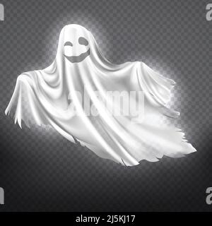 Vektor-Illustration von weißem Geist, lächelnde Phantom Silhouette isoliert auf transparentem Hintergrund. Halloween gruseliges Monster, Gruselgeist oder Poltergei Stock Vektor