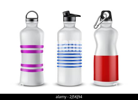 Vector Set aus gestreiften Plastikflaschen mit Deckel für Getränke, isoliert auf dem Hintergrund. Mockup mit Aluminiumbehältern für Energy Cocktails, Flasche mit f Stock Vektor