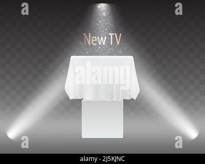 Vector neues TV-Konzept, Ausstellung mit Leinwand in den Lichtern von Projektoren. Modell eines Plasmafernsehens, eines modernen Videosystems auf transparentem Hintergrund. HD Stock Vektor