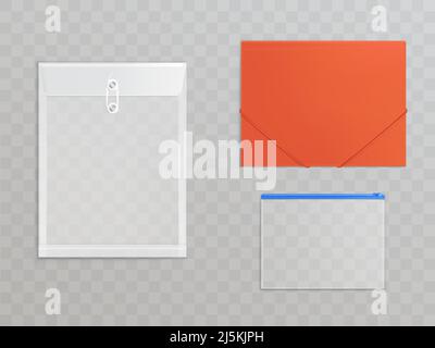 Vector Transparente Kunststoff-Dateien - Satz von Büromaterial. Zellophan-Ordner mit Reißverschluss, Knopf zum Schutz von Dokumenten. Umschlag aus rotem Karton. Transl Stock Vektor