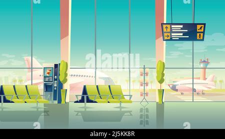 Vector Flughafen Wartehalle - große Fenster, Sitze und Flugzeuge auf dem Flugplatz. Reisekonzept. Leeres internationales Terminal, Lounge mit Stühlen und D Stock Vektor