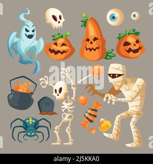 Vector Halloween objects - scary ghost, spooky mummy and dark spider. Cartoon skeletons, different pumpkins with sweet candies isolated on gray backgr Stock Vektor