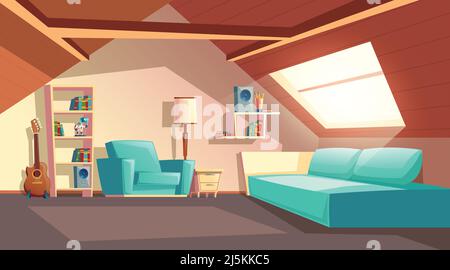 Vektor-Cartoon-Hintergrund mit leerem Dachboden Zimmer, moderne Loft-Wohnung unter Holzdach, Dachboden Innenraum. Gemütlicher Cockloft mit Möbeln, großem Sofa, sie Stock Vektor