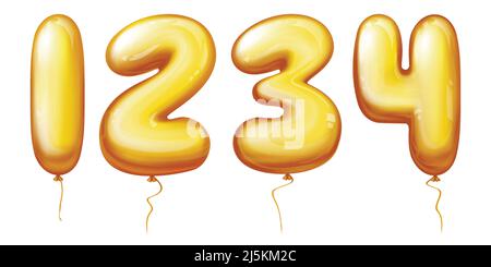 Vector 3D realistische aufblasbare Ballons in Zahlen von eins bis vier. Goldenes Gummi- oder Folienprodukt mit Helium isoliert auf weißem Hintergrund für unterscheiden Stock Vektor